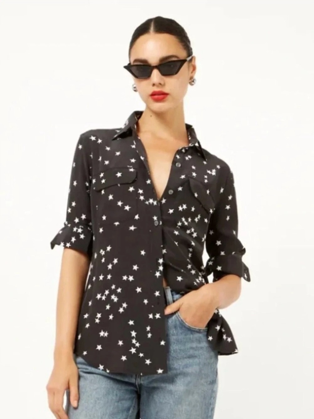 NWT Equipment Slim Signature Silk Shirt Bl White Star Print Size XL